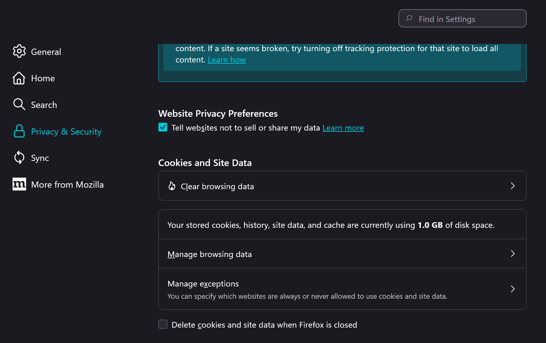 Firefox hardening: Strict tracking protection in action.