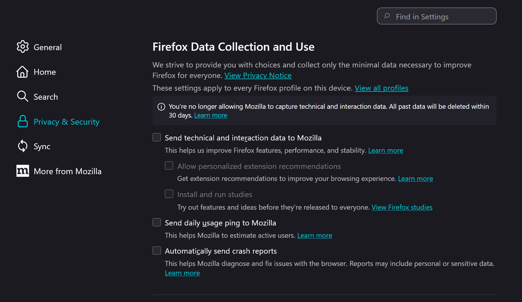 Firefox hardening step: Disable data collection in settings.
